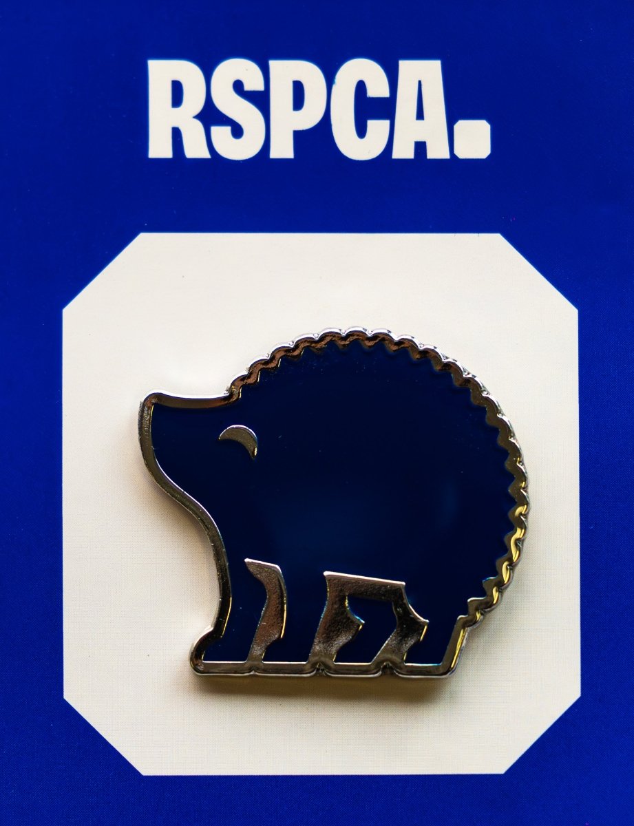 A dark blue hedgehog metal pin badge against a white and blue background.
