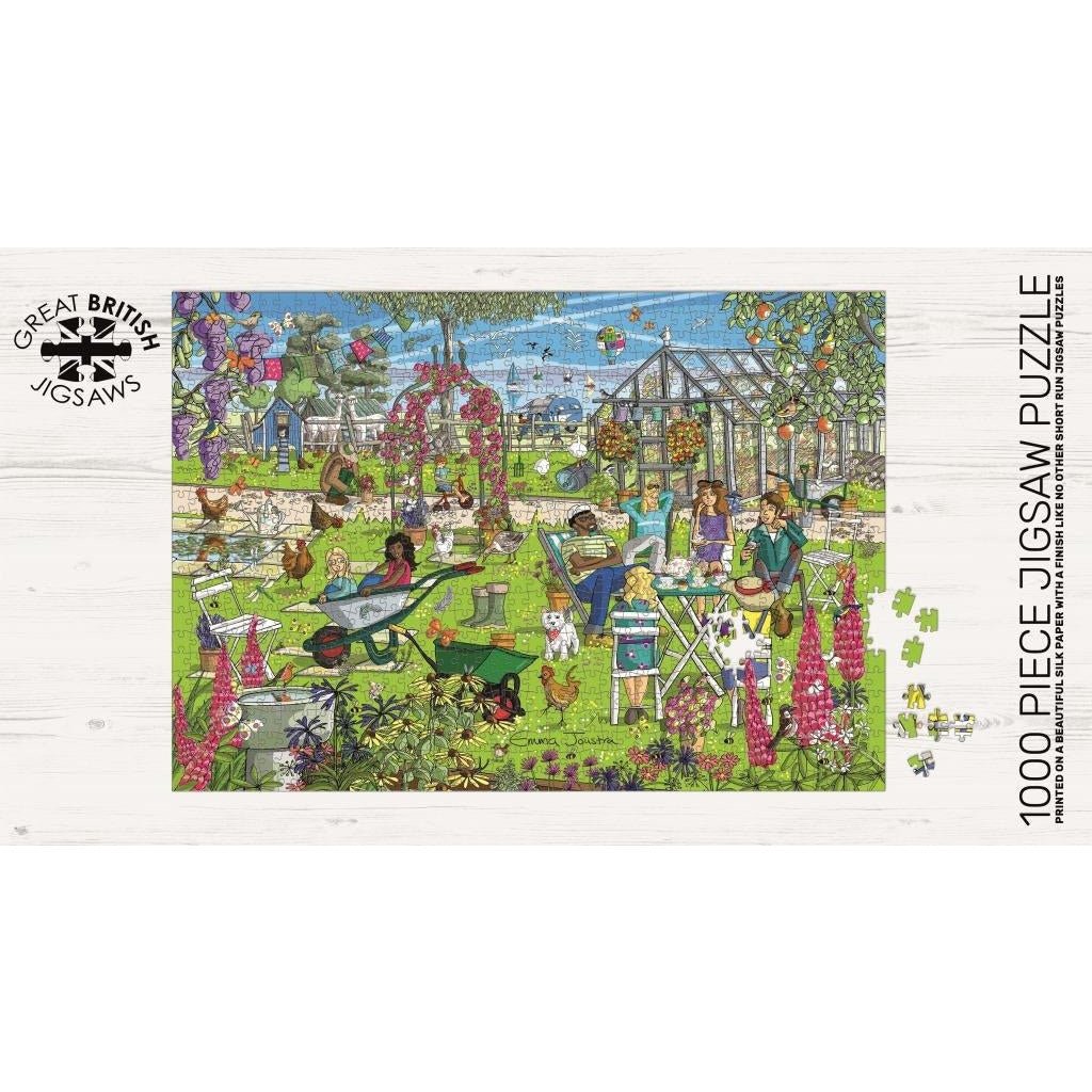 A garden scene jigsaw puzzle laid out on a wooden puzzle board.