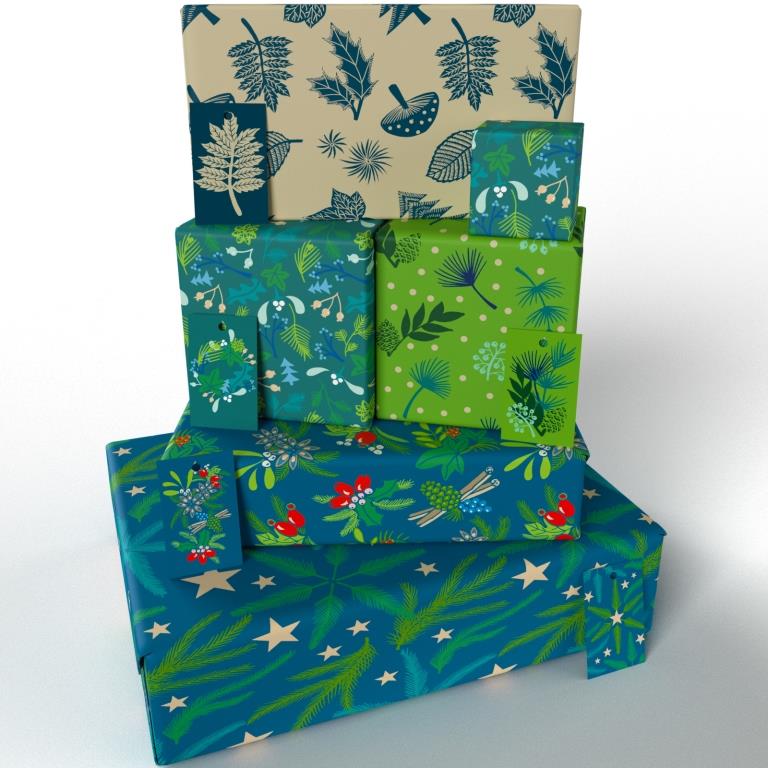Christmas Leaves and Berries Ten Pack Recycled Wrapping Paper by Kate Heiss