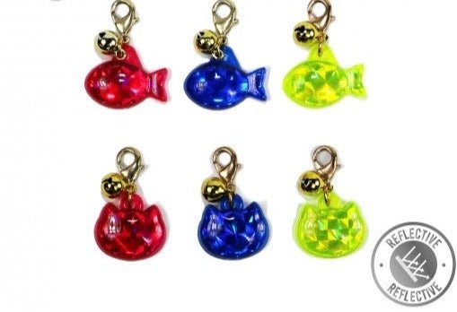 Six reflective id tags for cat collars in red, blue and green, featuring a cat and fish design.