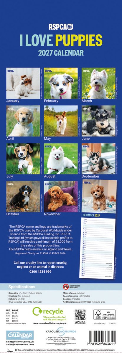 RSPCA I Love Puppies - Slim Calendar 2027