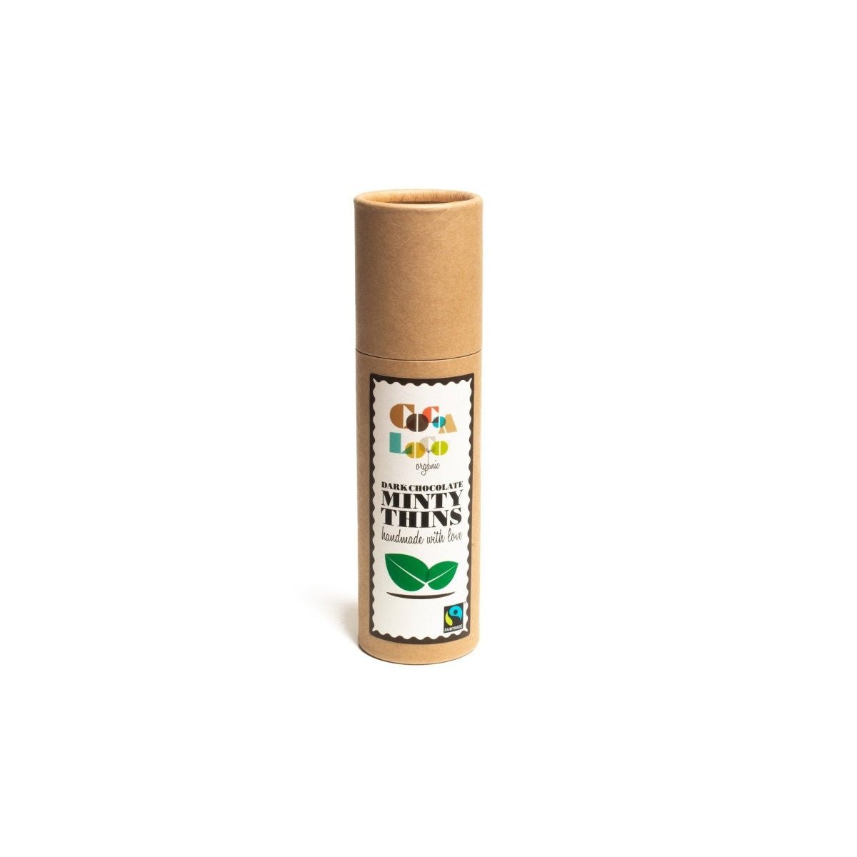 A tube of Cocoa Loco Dark Chocolate Mint Thins against a white background. The packaging features the Fairtrade logo.