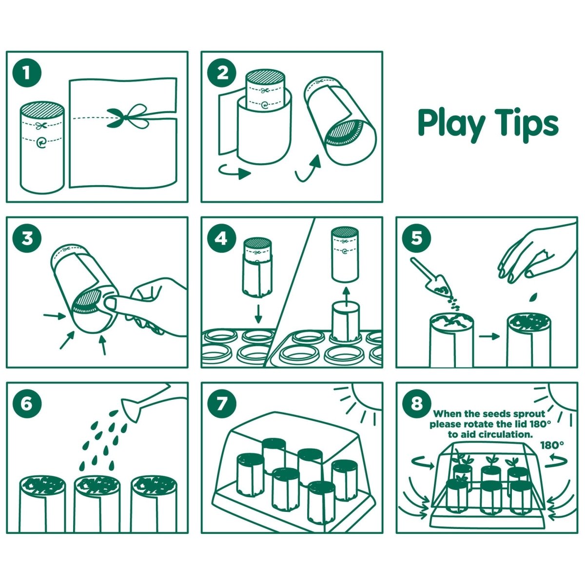 An illustration of instructions on how to create a circular tube, fill with soil and grow seeds inside them.