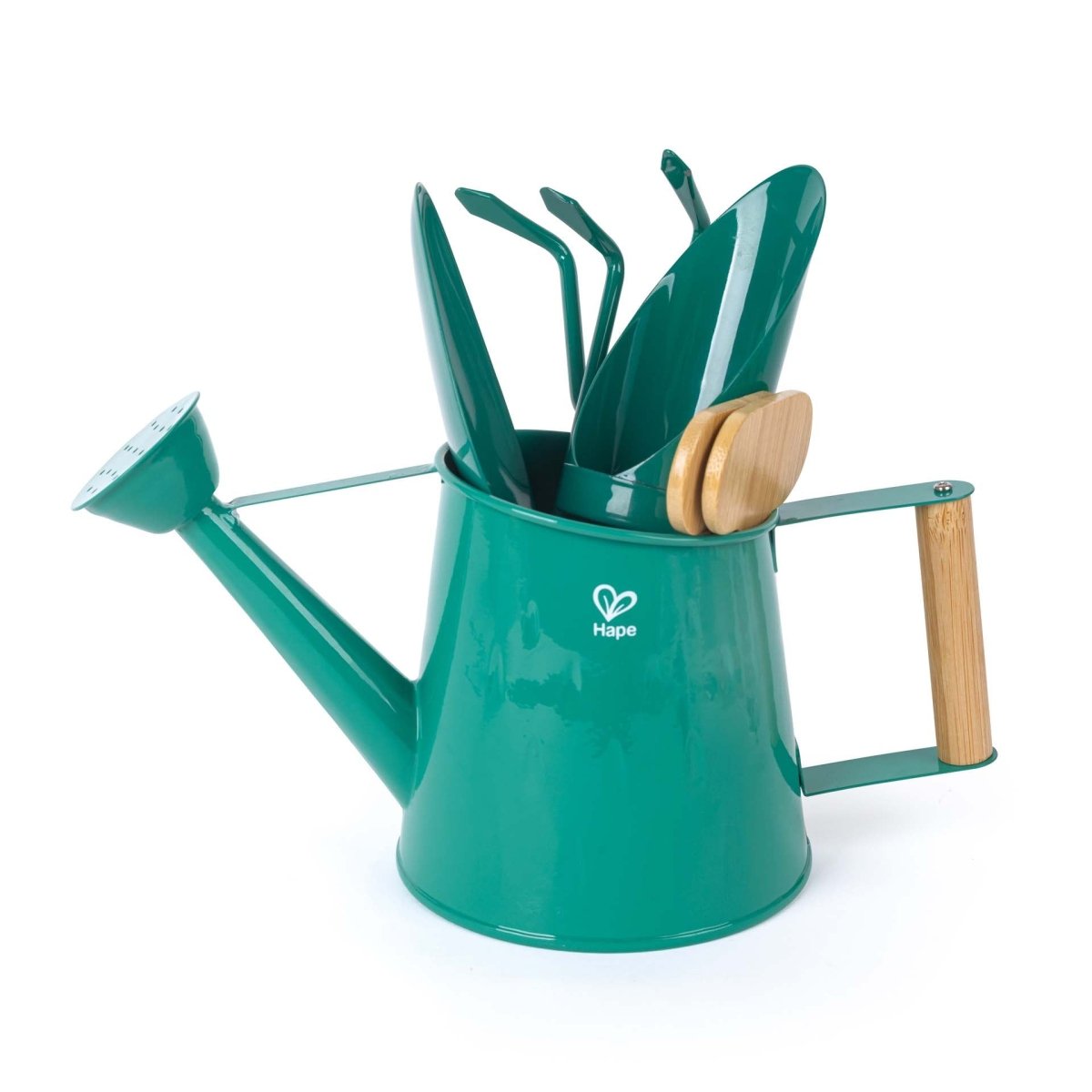 The Hape Gardening tool set featuring a watering can, trowel, rake, shovel and two bamboo plant labels.