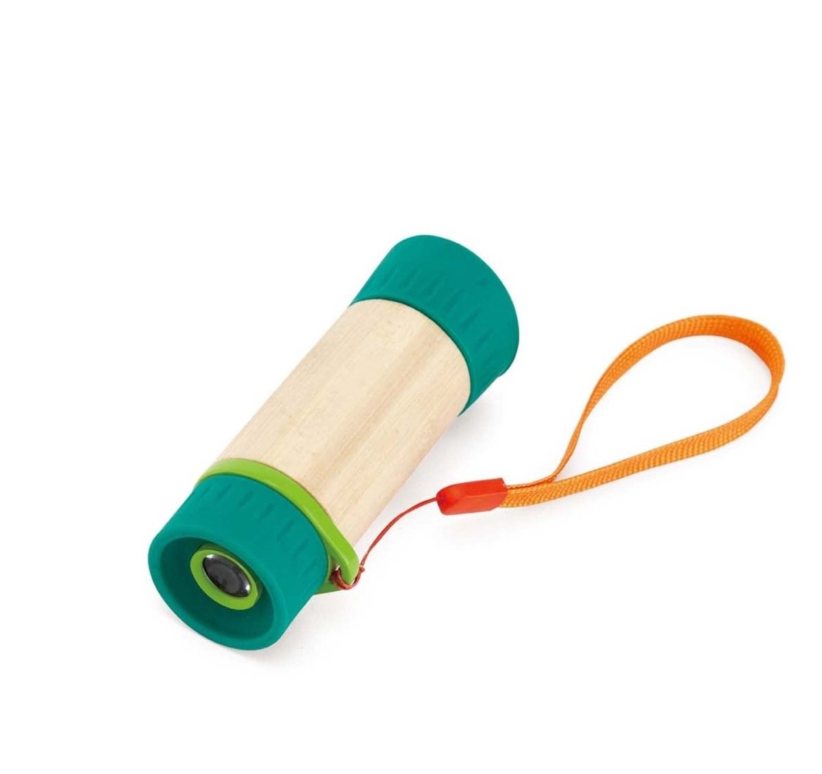 A childrens adjustable wooden and green telescope with an orange handle.