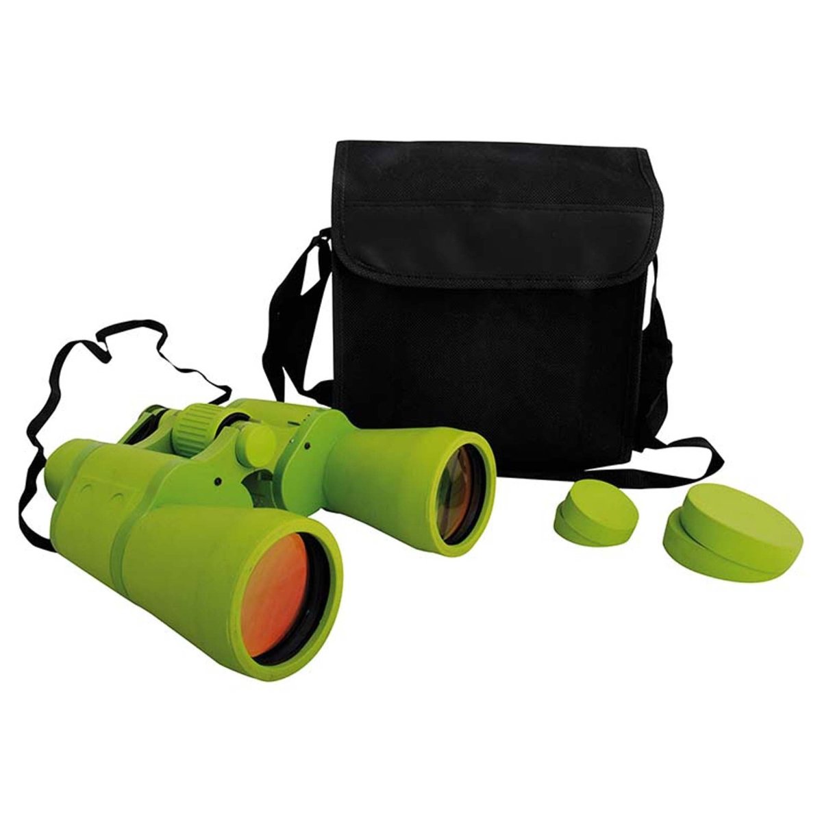 Bright green binoculars next to a black binocular bag, against a white background.