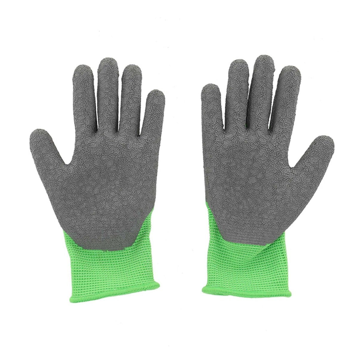 A child's pair of grey and green gardening gloves.