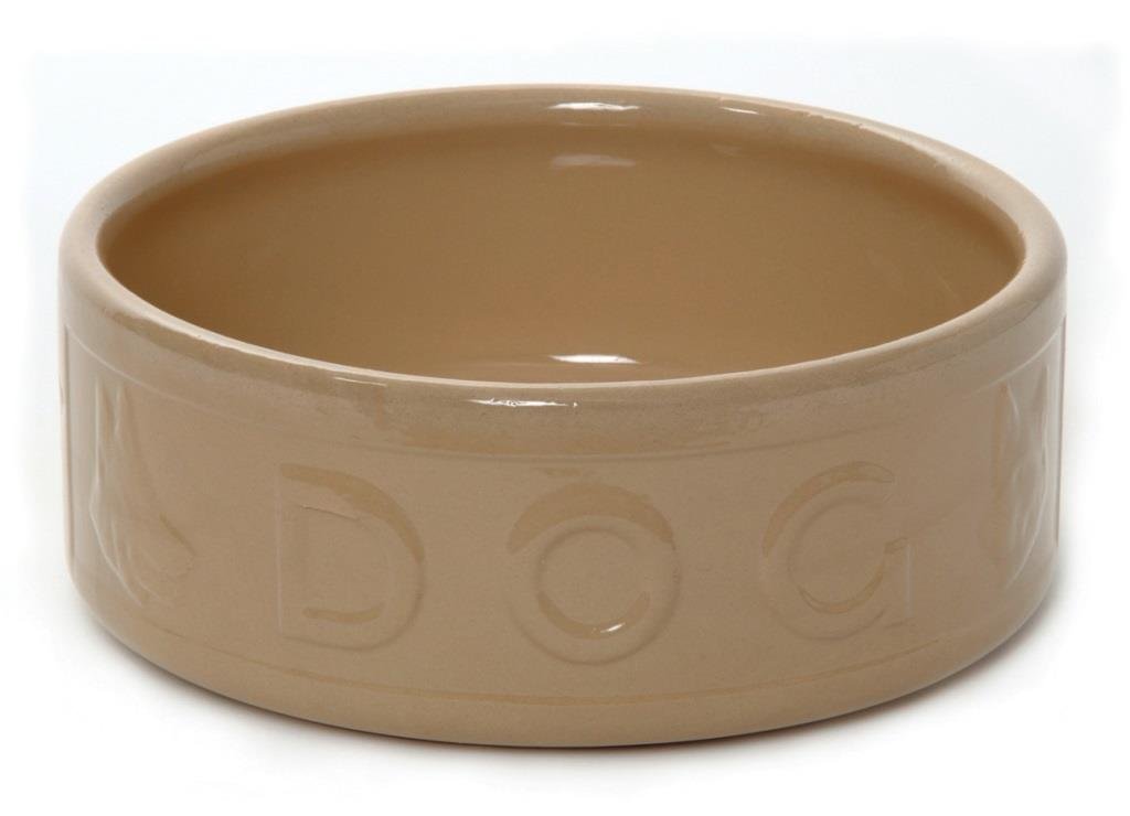 A brown coloured dog bowl with the word dog written on the side against a white background.