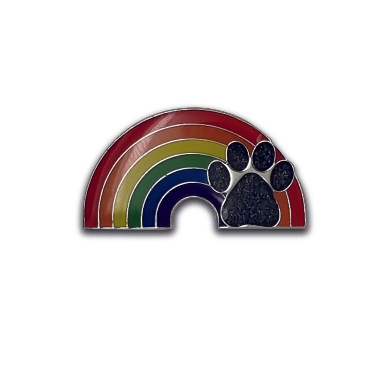 A glittery rainbow and paw print pin badge.