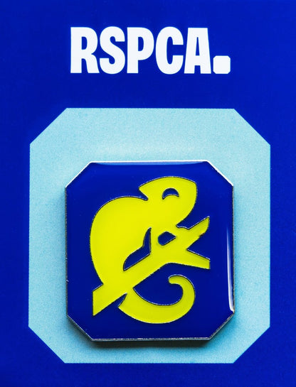 A blue metal pin badge embossed with a yellow chameleon graphic, against a dark blue and light blue background. 