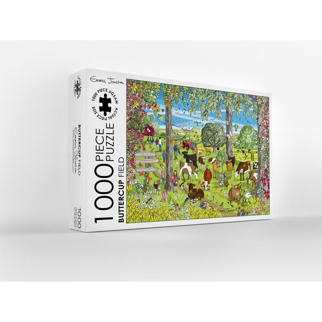 A 1000 piece puzzle box, with a cartoon image of cows in a spring field on the front of the box. 