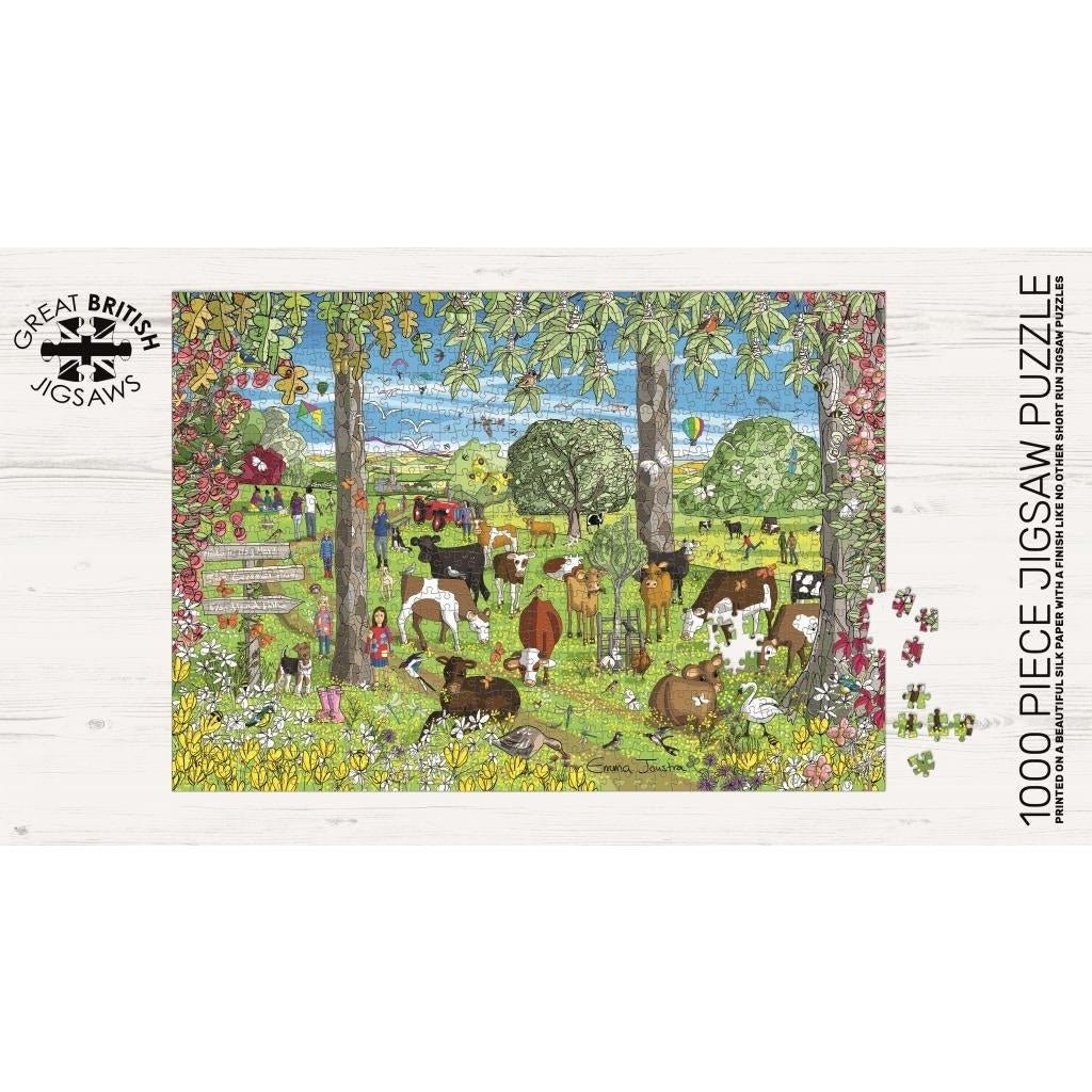 A completed 1000 piece jigsaw puzzle, placed on a wooden puzzle board. 