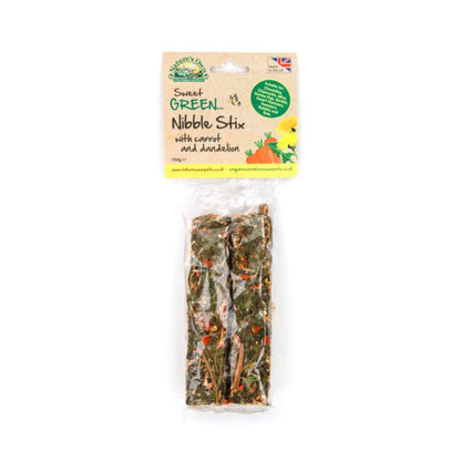 Two sweet green nibble stix in plastic packaging, featuring a made in the UK graphic.