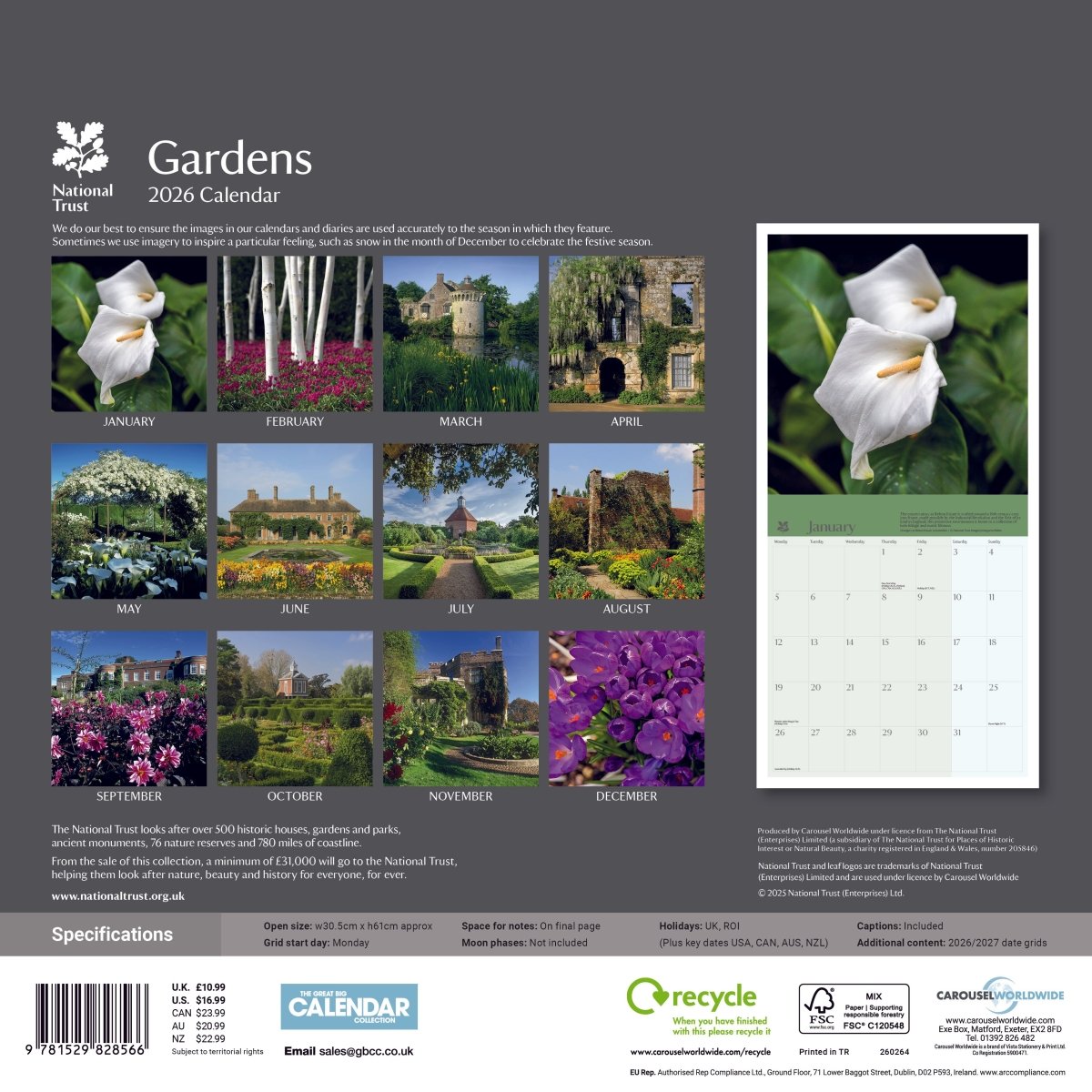 National Trust Gardens Square Wall Calendar 2026