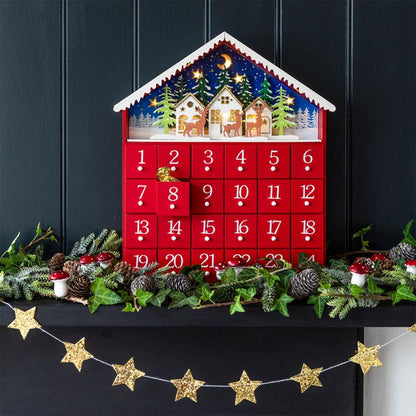 Red House Wooden Advent Calendar with LED lights