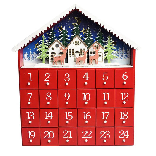 Red House Wooden Advent Calendar with LED lights