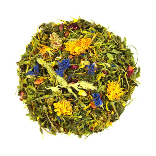 A flower salad featuring natural ingredients such as Marigold, Parsley, Lucerne, Nettle, and Dandelion.