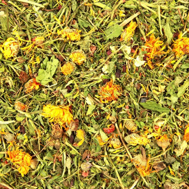 A close-up of herb salad, featuring ingredients such as Peas, Carrots, Beetroot, Parsley, Lucerne, Mint, Dandelion, Carob Nibs, Marigolds.