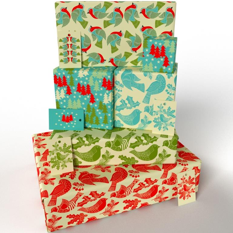 Christmas Folk Robins Ten Pack Recycled Wrapping Paper by Kate Heiss