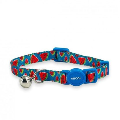 A blue cat safety collar featuring illustrations of watermelon slices against a white background.