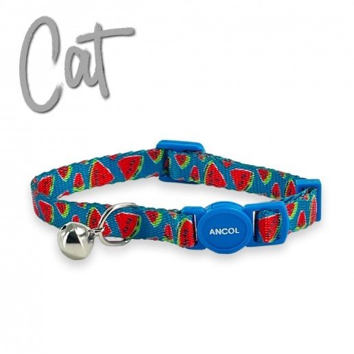 A blue cat safety collar featuring illustrations of watermelon slices against a white background.