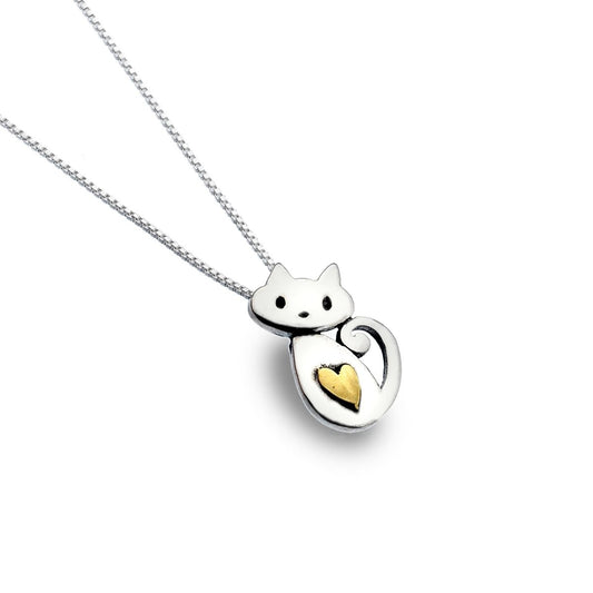 Silver Kitten with Brass Heart Pendant Necklace
