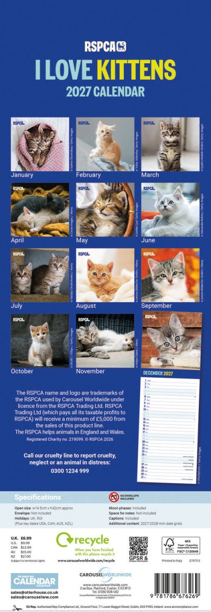 RSPCA I Love Kittens - Slim Calendar 2027