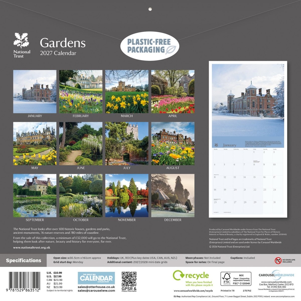 National Trust: Gardens - Square Wall Calendar 2027