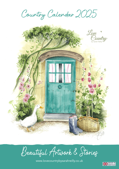 The front cover of the Love Country Calendar 2025, the cover features a painting of a goose stood outside a front door.