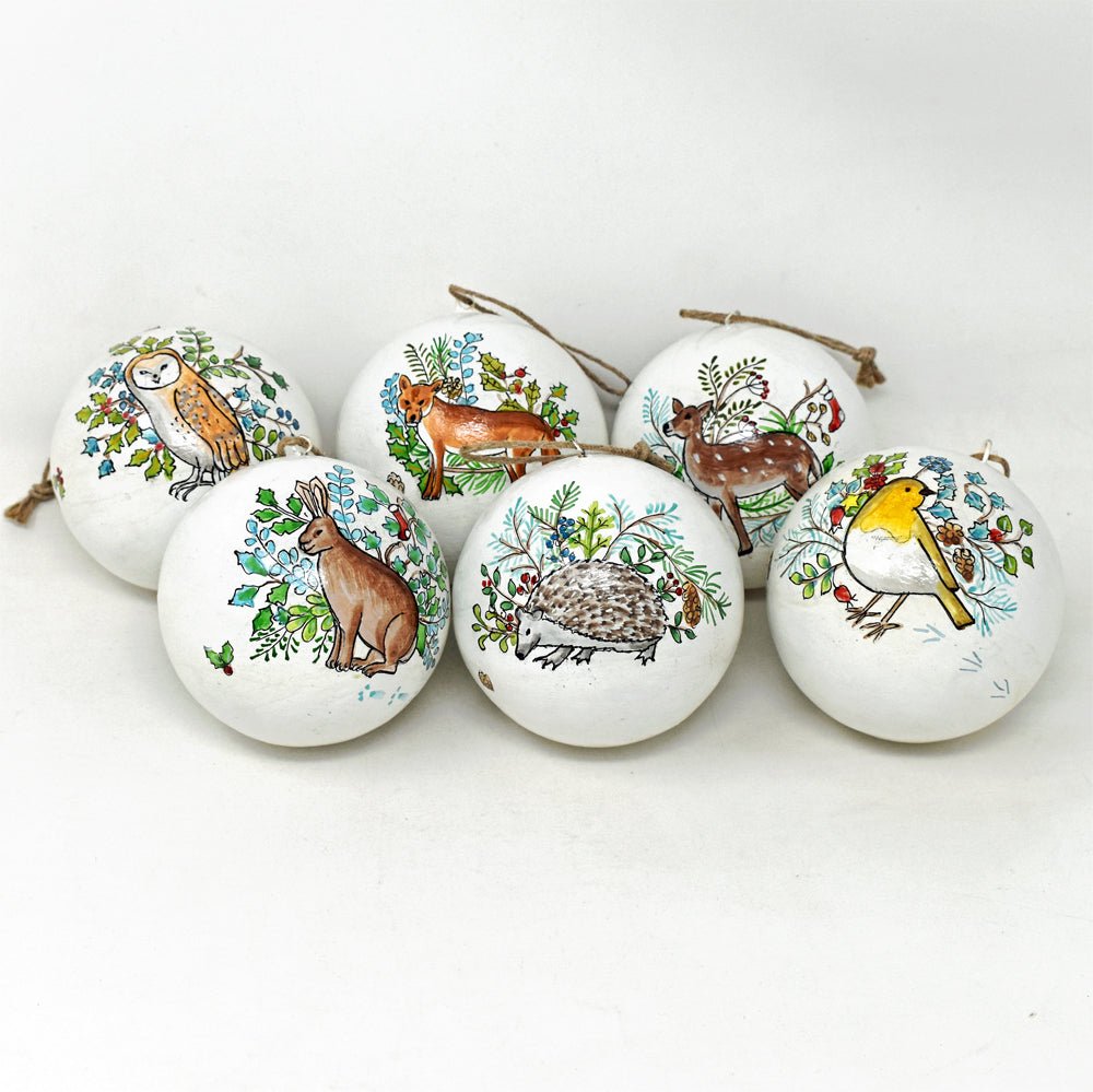 Hand Painted Wildlife Baubles by Emma Lawrence - Set of 6