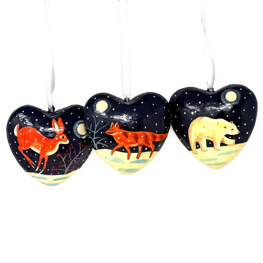 Winter Animals Large Papier-mâché Heart Baubles - Set of 3