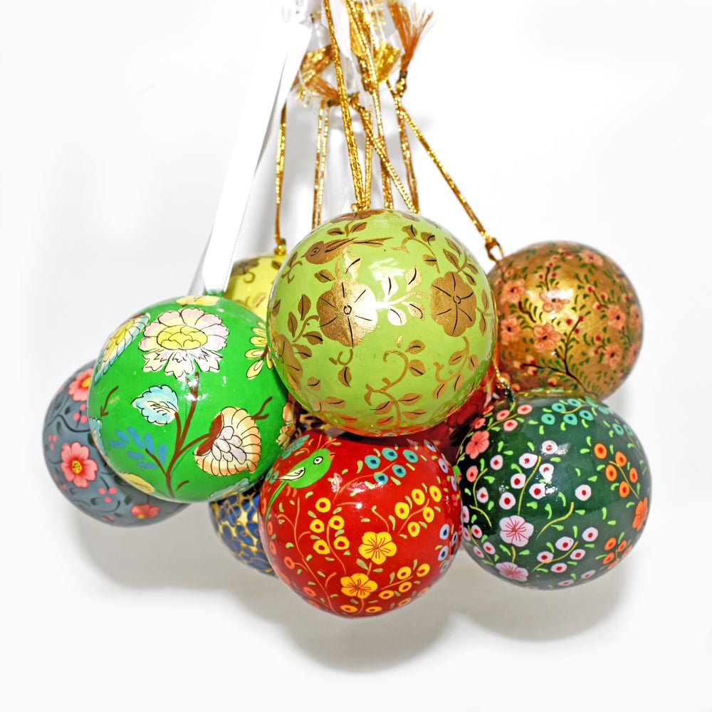 Kashmiri Assorted Small Papier-mâché Round Baubles - Set of 6