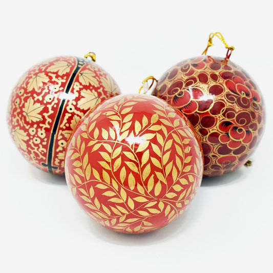 Kashmiri Red Small Papier-mâché Round Baubles - Set of 6