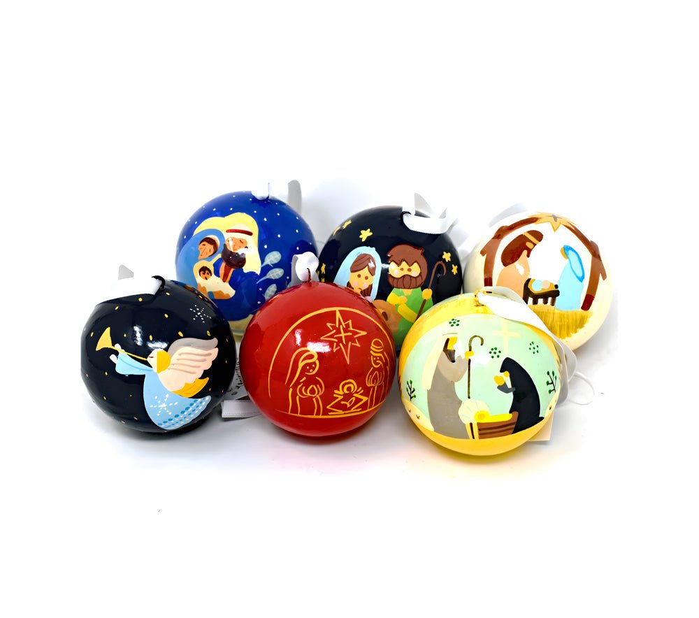 Nativity Scenes Large Papier-mâché Round Baubles - Set of 6