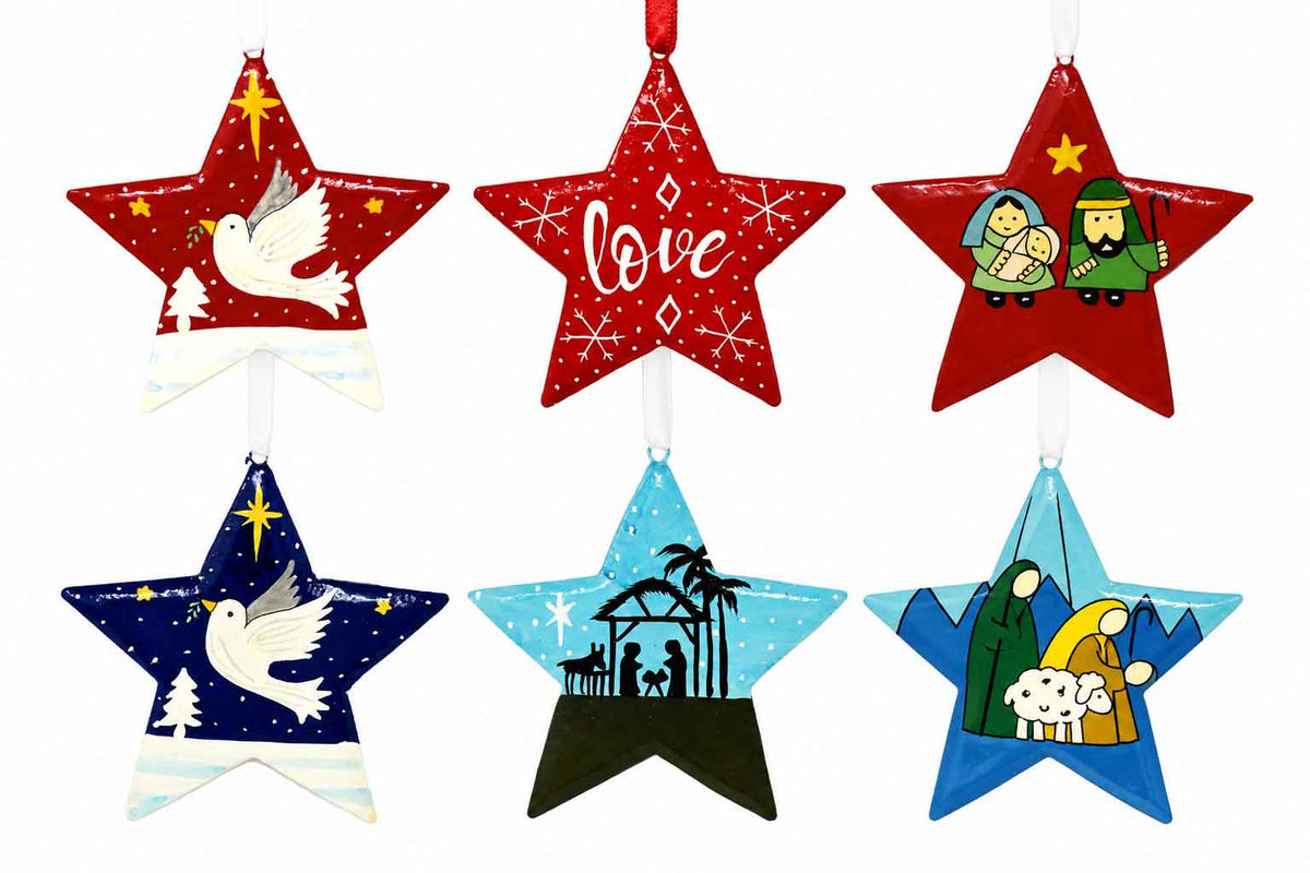 Religious Motifs Large Assorted Painted Star Baubles, Set of 6