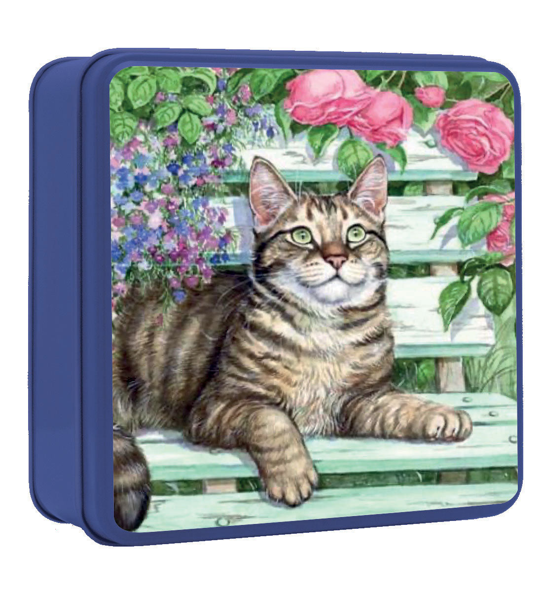 Tabby Cat On Garden Bench Biscuit Tin