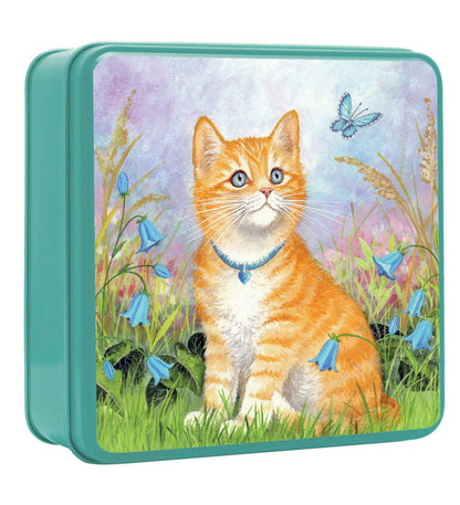 Ginger Cat With Butterfly Biscuit Tin