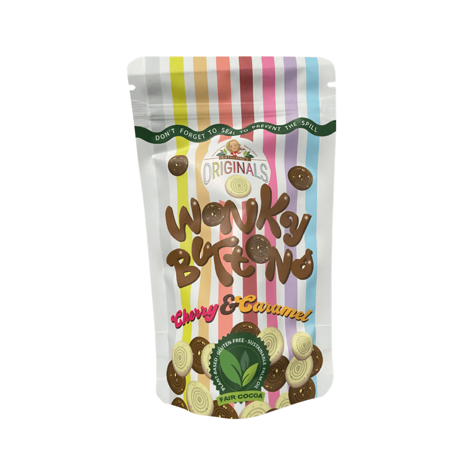 Catherine's Originals Wonky Buttons 'Milk' Choc Caramel & White Choc Cherry, 100g