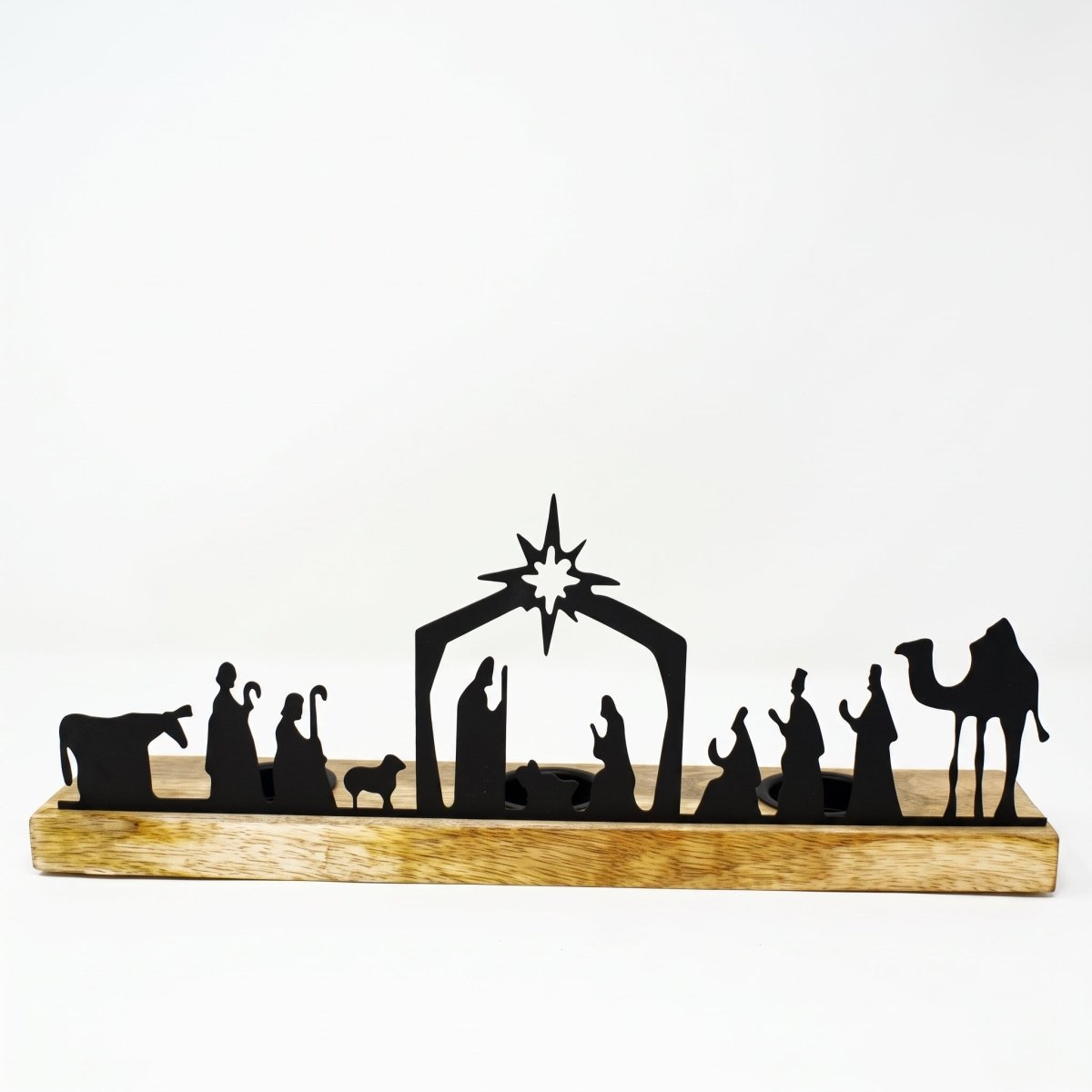Nativity Scene Triple Tealight Holder with Wooden Base