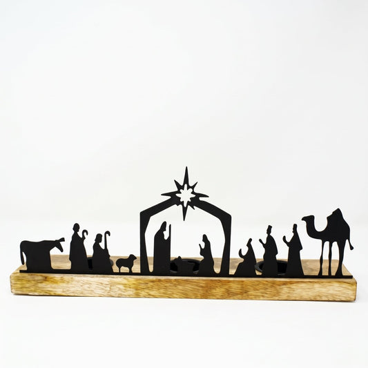 Nativity Scene Triple Tealight Holder with Wooden Base