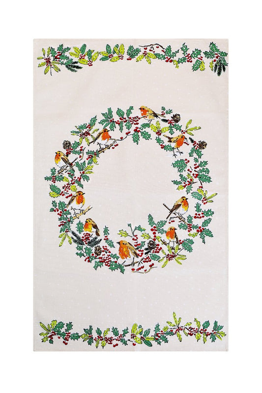 Christmas Robins Cotton Tea Towel