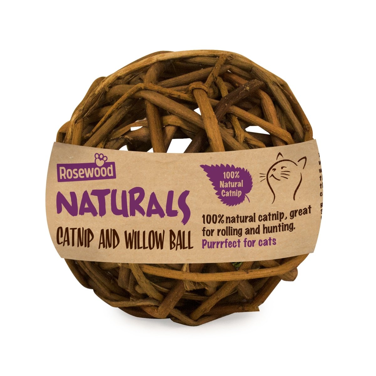 A natural colour willow and catnip woven ball with Rosewood Naturals brand packaging tape 