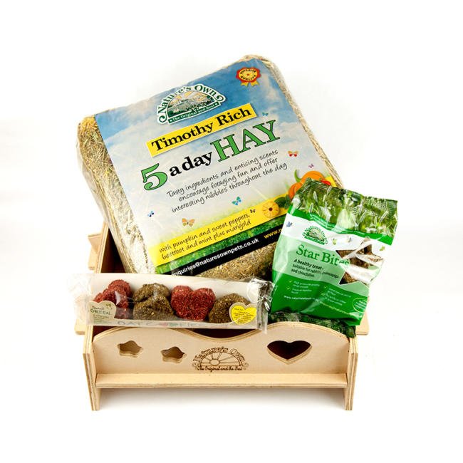 Wooden Hay Feeder (with 5 - a - Day Hay and Treats)