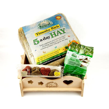 Wooden Hay Feeder (with 5 - a - Day Hay and Treats)