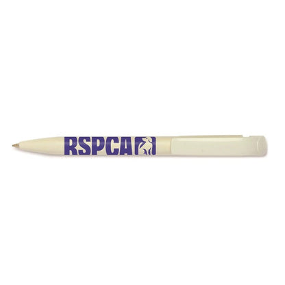 A white pen embossed with the RSPCA logo and a graphic of a dog. 