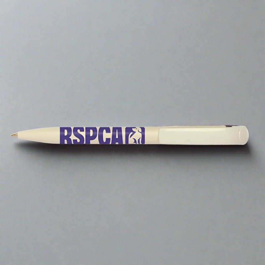 White ballpoint pen with the RSPCA logo printed on it. 