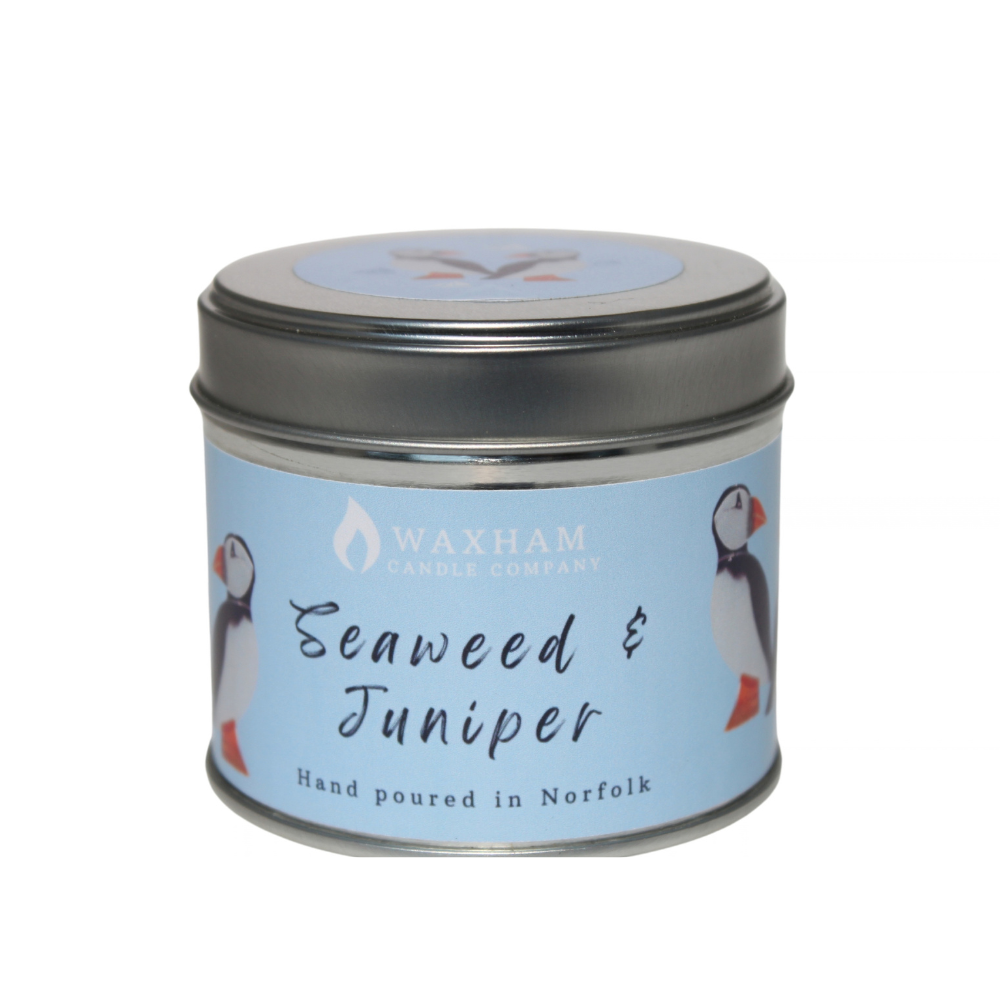 Seaweed & Juniper Puffin Candle Tin by Waxham Candle Company
