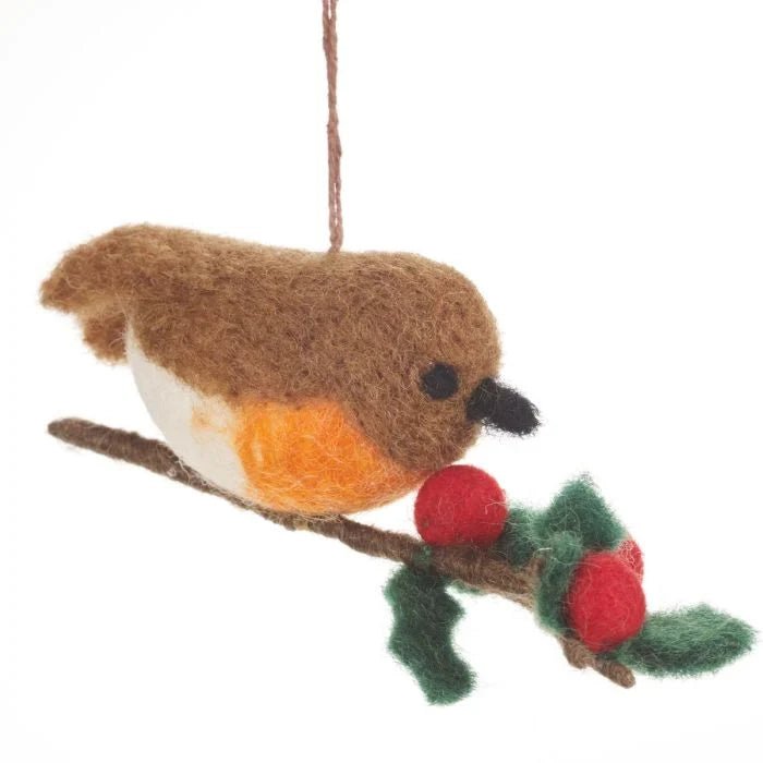 Handmade Felt Robin On A Holly Branch Hanging Christmas Decoration