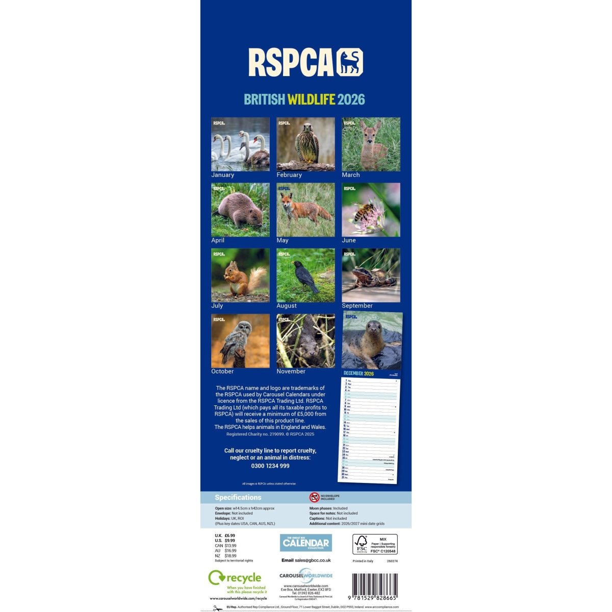 RSPCA British Wildlife Slim Calendar 2026