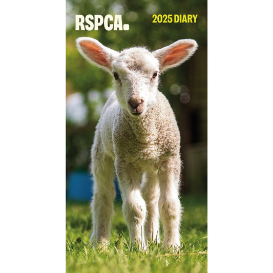 Front cover of a 2025 calendar with a lamb standing on grass and the RSPCA logo in the top left corner.